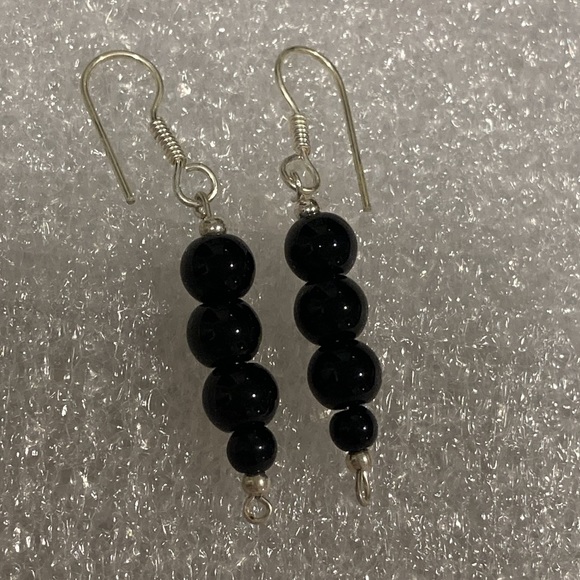 NWOT - Black Onyx Triple Ball Beaded Long Drop Style Mexican Silver Earrings - Picture 6 of 9